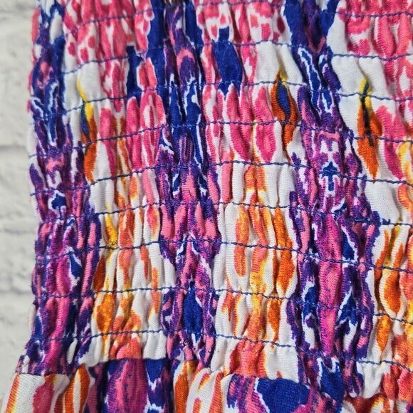 Strapless Maxi Dress Colorful IKAT print Sundress Smocked Babydoll A-line 15/17 - Picture 3 of 9